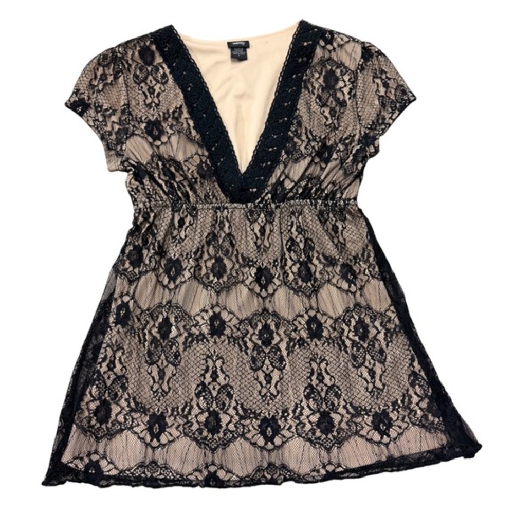 Vanity Y2K Goth Fairy Lace Festival Boho Babydoll Black Tan Short Sleeve Medium